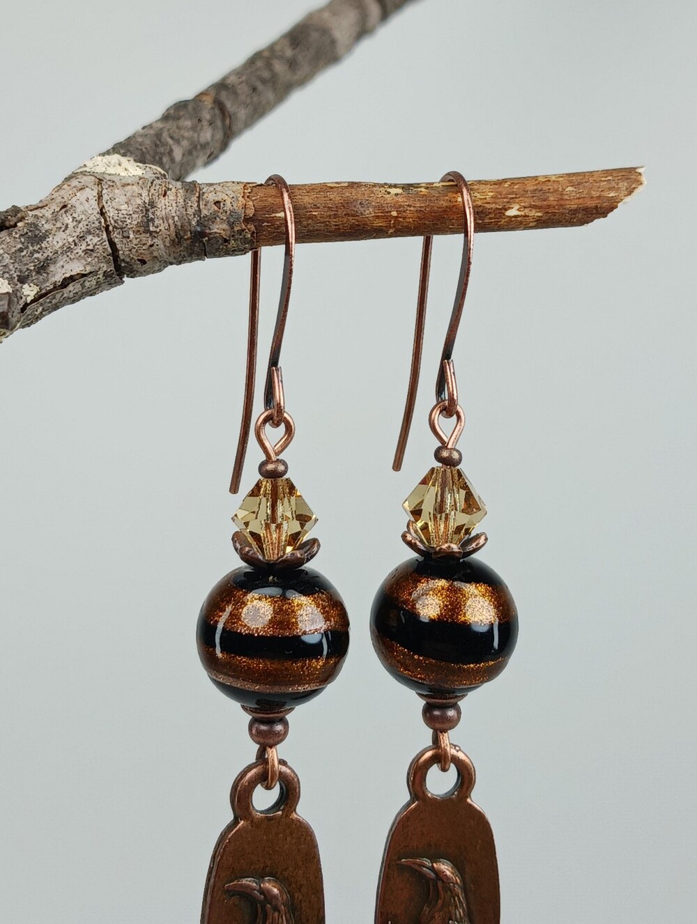 Copper Raven Earrings Gothic Woodland Dark Academia Artisan - Picture 5 of 7
